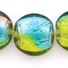 Bead, Lampwork Glass, 18mm Puffed Disc Lined with Silverfoil and Chartreuse/Sapphire/Amethyst colors (Hole Size 2.5mm)