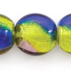 Bead, Lampwork Glass, 18mm Puffed Disc Lined with Silverfoil and Chartreuse/Cobalt/Amethyst colors (Hole Size 2.5mm)