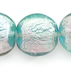 Bead, Lampwork Glass, 18mm Puffed Disc Lined with Silverfoil and Aqua/Amethyst colors (Hole Size 2.5mm)