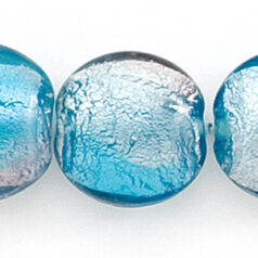 Bead, Lampwork Glass, 18mm Puffed Disc Lined with Silverfoil and Light Blue/Amethyst colors (Hole Size 2.5mm)