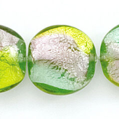 Bead, Lampwork Glass, 18mm Puffed Disc Lined with Silverfoil and Chartreuse/Peridot/Amethyst colors (Hole Size 2.5mm)
