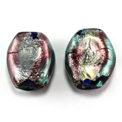 Bead, Lampwork Glass, 16x13x7mm Flat Oval with Silverfoil and multicolour - Amethyst/Aqua (Hole Size 2.5mm)