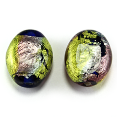 Bead, Lampwork Glass, 16x13x7mm Flat Oval with Silverfoil and multicolour - Amethyst/Chartreuse (Hole Size 2.5mm)