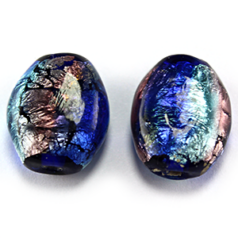 Bead, Lampwork Glass, 16x13x7mm Flat Oval with Silverfoil and multicolour - Amethyst/Blue/Cobalt (Hole Size 2.5mm)