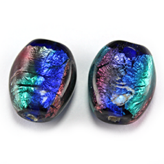 Bead, Lampwork Glass, 16x13x7mm Flat Oval with Silverfoil and multicolour - Cobalt/Aqua/Amethyst (Hole Size 2.5mm)