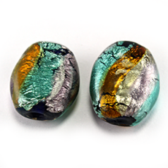 Bead, Lampwork Glass, 16x13x7mm Flat Oval with Silverfoil and multicolour - Topaz/Aqua/Amethyst (Hole Size 2.5mm)