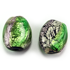 Bead, Lampwork Glass, 16x13x7mm Flat Oval with Silverfoil and multicolour - Amethyst/Green (Hole Size 2.5mm)
