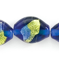 Bead, Lampwork Glass, 20x13x7mm Flat Oval with Silverfoil and multicolor  - Cobalt/Green (Hole Size 2.5mm)
