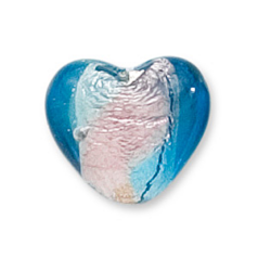Bead, Lampwork Glass, 18mm Silverfoil Heart - Aqua/Amethyst (Hole Size 2.5mm)