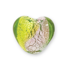 Bead, Lampwork Glass, 18mm Silverfoil Heart - Chartreuse/Ametyst (Hole Size 2.5mm)