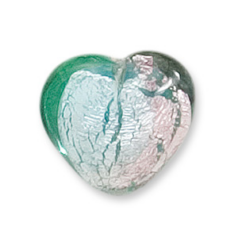 Bead, Lampwork Glass, 18mm Silverfoil Heart - Green Aqua/Amethyst (Hole Size 2.5mm)