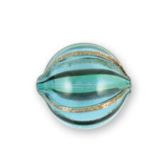 Bead, Handblown Lampwork Glass Bead, 20mm Round with stripe - Aqua/Black/Green/Gold Foil (Hole Size 2mm)  Made in Japan
