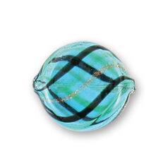 Bead, Handblown Lampwork Glass Bead, 23x9mm Flat Round with Stripe - Aqua/Black/Gold Foil (Hole Size 2mm)  Made in Japan