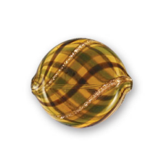 Bead, Handblown Lampwork Glass Bead, 23x9mm Flat Round with Stripe - Topaz/Green/Gold Foil (Hole Size 2mm)