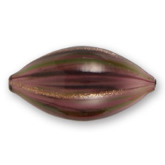 Bead, Handblown Lampwork Glass Bead, 35x16mm Oval Stripe - Amethyst/Violet/Green/Gold Foil (Hole Size 2mm)  Made in Japan