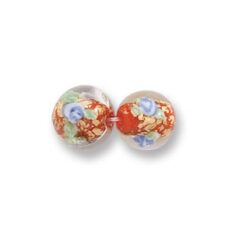 Bead, Japanese Sassoon Lampwork Glass, 10mm Round bead with Goldfoil and Floral design - Red (Hole Size 1.8mm)