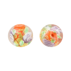 Bead, Japanese Sassoon Lampwork Glass, 10mm Round bead with Goldfoil and Floral design - Orange (Hole Size 1.8mm)