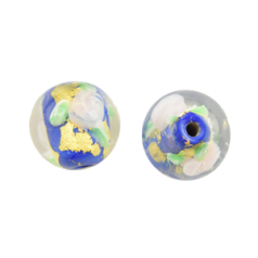 Bead, Japanese Sassoon Lampwork Glass, 10mm Round bead with Goldfoil and Floral design - Blue (Hole Size 1.8mm)