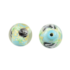 Bead, Japanese Sassoon Lampwork Glass, 10mm Round bead with Goldfoil and Floral design - Blue Turquoise (Hole Size 1.8mm)