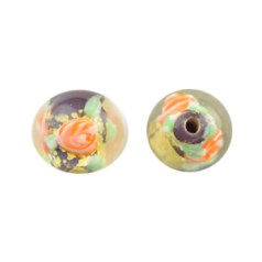 Bead, Japanese Sassoon Lampwork Glass, 10mm Round bead with Goldfoil and Floral design - Mauve (Hole Size 1.8mm)