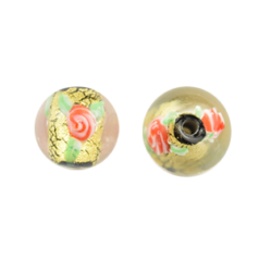 Bead, Japanese Sassoon Lampwork Glass, 10mm Round bead with Goldfoil and Floral design - Black (Hole Size 1.8mm)