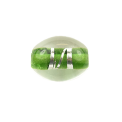 Bead, Japanese Sassoon Lampwork Glass, 15x11x8mm Oval Bead with Silverfoil Stripe - Olive Green (Hole Size 1.8mm)