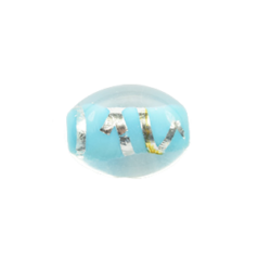 Bead, Japanese Sassoon Lampwork Glass, 15x11x8mm Oval Bead with Silverfoil Stripe - Blue Turquoise (Hole Size 1.8mm)