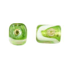 Bead, Japanese Sassoon Lampwork Glass, 11x8mm Rectangle Peridot bead with Silverfoil,  White and Pink accents (Hole Size 1.6mm)