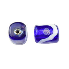 Bead, Japanese Sassoon Lampwork Glass, 11x8mm Rectangle Cobalt Blue bead with Silverfoil,  White and Pink accents (Hole Size 1.6mm)