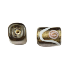 Bead, Japanese Sassoon Lampwork Glass, 11x8mm Rectangle Grey color bead with Silverfoil,  White and Pink accents (Hole Size 1.6mm)