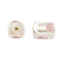Bead, Japanese Sassoon Lampwork Glass, 11x8mm Rectangle Crystal bead with Silverfoil,  White and Pink accents (Hole Size 1.6mm)