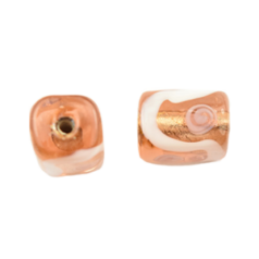 Bead, Japanese Sassoon Lampwork Glass, 11x8mm Rectangle Rosaline color bead with Silverfoil,  White and Pink accents (Hole Size 1.6mm)