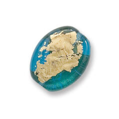 Bead, Japanese Sassoon Lampwork Glass, 20x17x6mm Flat Oval Bead with Goldfoil on surface - Blue Aqua (Hole Size 1.6mm)