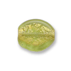 Bead, Japanese Sassoon Lampwork Glass, 20x17x6mm Flat Oval Bed with Goldfoil center - Peridot (Hole Size 1.6mm)