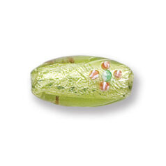 Bead, Japanese Sassoon Lampwork Glass, 19x10mm Oval bead with Silverfoil and flowers - Peridot (Hole Size 1.6mm)