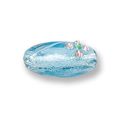 Bead, Japanese Sassoon Lampwork Glass, 19x10mm Oval bead with Silverfoil and flowers - Light Blue Aqua (Hole Size 1.6mm)