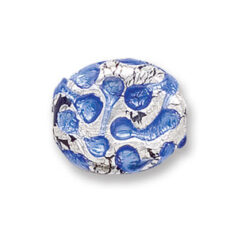 Bead, Japanese Sassoon Lampwork Glass, 21x19x8mm Oval Sapphire Color bead with Silverfoil Drizzle (Hole Size 1.6mm)