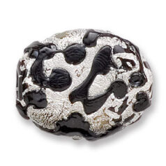 Bead, Japanese Sassoon Lampwork Glass, 30x25x10mm Oval Black Color bead with Silverfoil Drizzle (Hole Size 1.6mm)