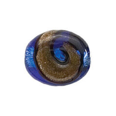 Bead, Japanese Sassoon Lampwork Glass, Cobalt color with Silverfoil center, 16x14mm Flat Oval with Bronze Swirl (Hole Size 1.7mm)
