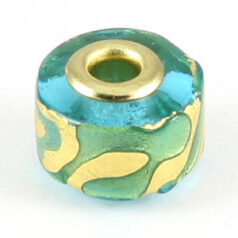 Bead, Japanese Sassoon Lampwork Glass, 9x13mm Gold Plated Core Bead with Goldfoil Drizzle - Aqua (Hole Size 6mm)