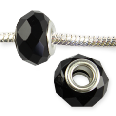 Bead, Pandora Style Lampwork Glass, 14x8mm Silver Plated Core Bead - Jet