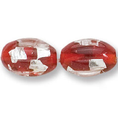 Bead, Japanese Sassoon Lampwork Glass, 14x10mm Oval with Silverfoil chips - Opaque Red (Hole Size 1.7mm)