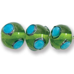 Bead, Japanese Sassoon Lampwork Glass, 10mm Round - Green with Pale Blue Dots (Hole Size 1.7mm)