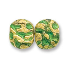 Bead, Japanese Sassoon Lampwork Glass, 16x12mm Emerald Color Flat Oval bead with Goldfoil Drizzle (Hole Size 1.7mm) 