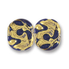 Bead, Japanese Sassoon Lampwork Glass, 16x12mm Cobalt Color Flat Oval bead with Goldfoil Drizzle (Hole Size 1.7mm)