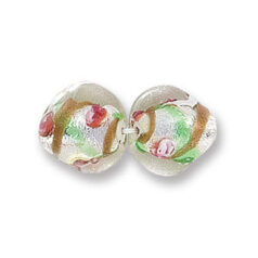 Bead, Japanese Sassoon Lampwork Glass, 12mm Round bead with Silverfoil and Colorswirl - Green (Hole Size 1.7mm)