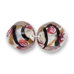 Bead, Japanese Sassoon Lampwork Glass, 16mm Round bead with Silverfoil and Colorswirl - Black (Hole Size 1.7mm)