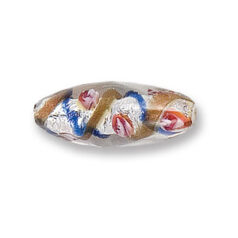 Bead, Japanese Sassoon Lampwork Glass, 28x11mm Oval bead with Silverfoil and Colorswirl - Blue (Hole Size 1.7mm)