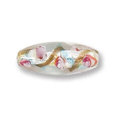 Bead, Japanese Sassoon Lampwork Glass, 28x11mm Oval bead with Silverfoil and Colorswirl - Aqua (Hole Size 1.7mm)