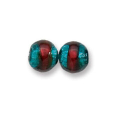 Bead, Japanese Sassoon Lampwork Glass, 10mm Round bead with Silverfoil and 2-Tone Band - Teal/Red (Hole Size 1.7mm)